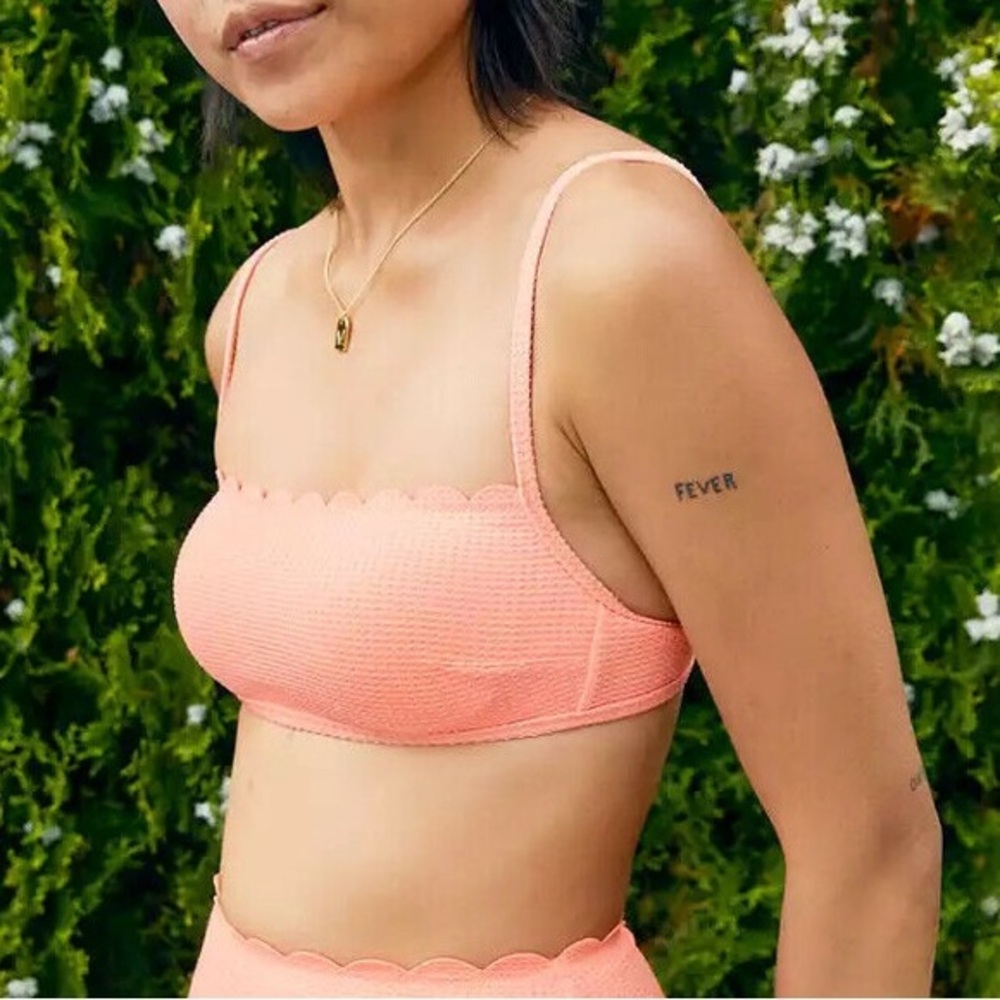 Aerie Women's Waffle Scalloped Bandeau Neon Coral NWT Size Large